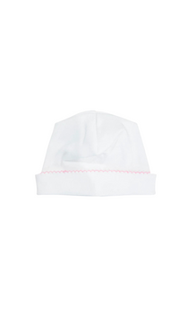 White picot trim baby hat, available in pink and blue trim