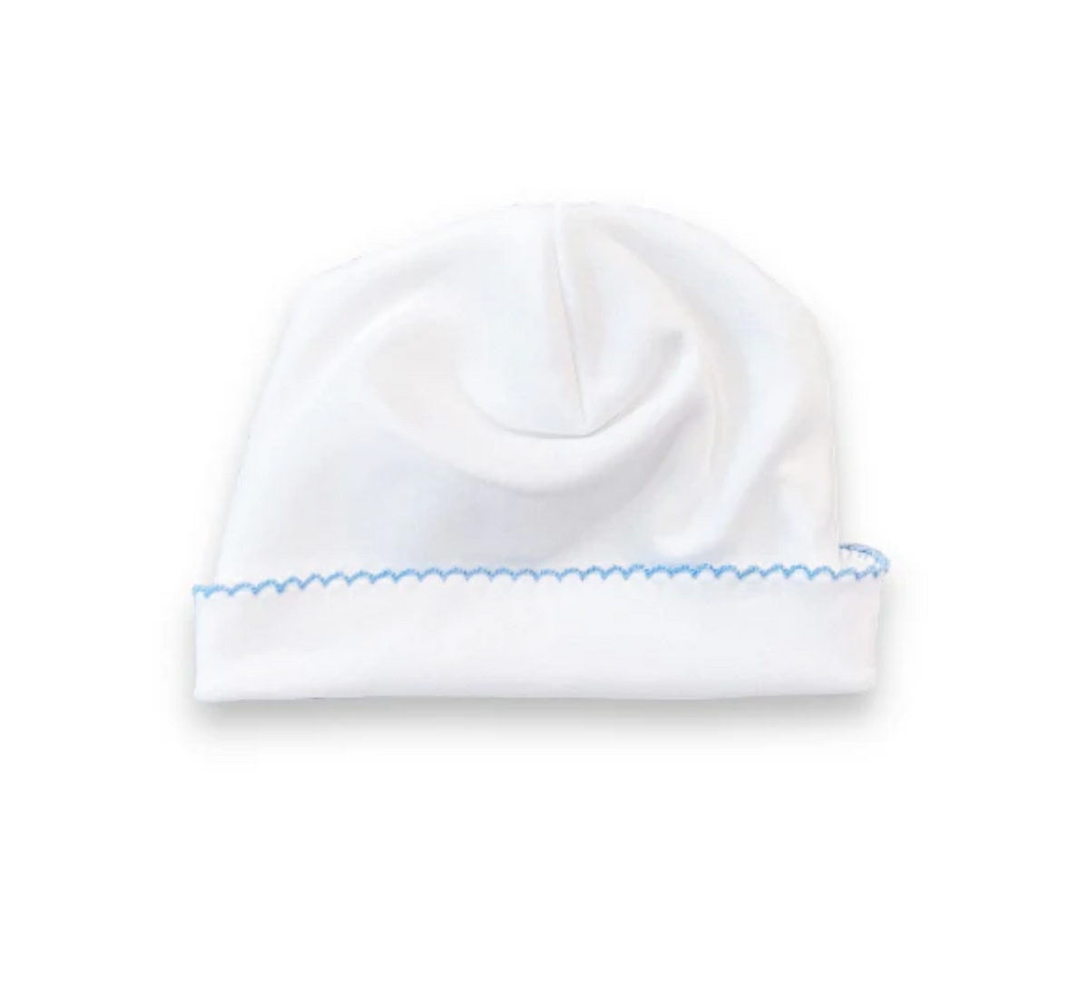 White picot trim baby hat, available in pink and blue trim