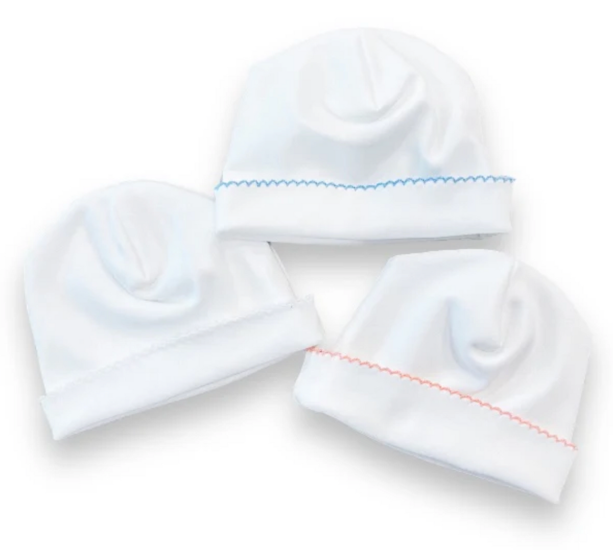 White picot trim baby hat, available in pink and blue trim