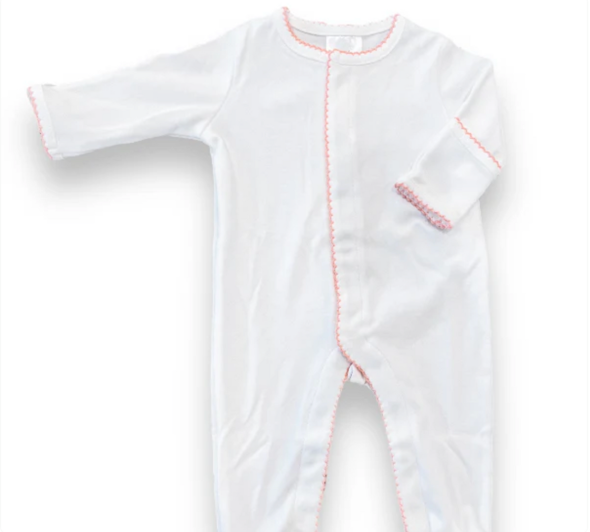 White picot trim footie for baby, ready for monogramming