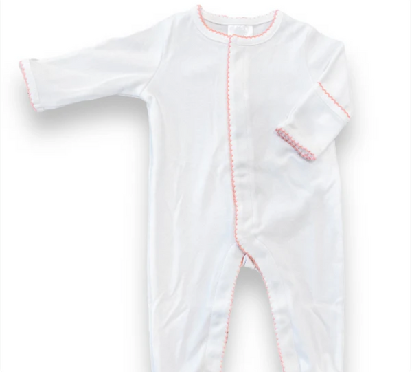 White picot trim footie for baby, ready for monogramming