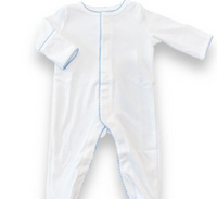 White picot trim footie for baby, ready for monogramming
