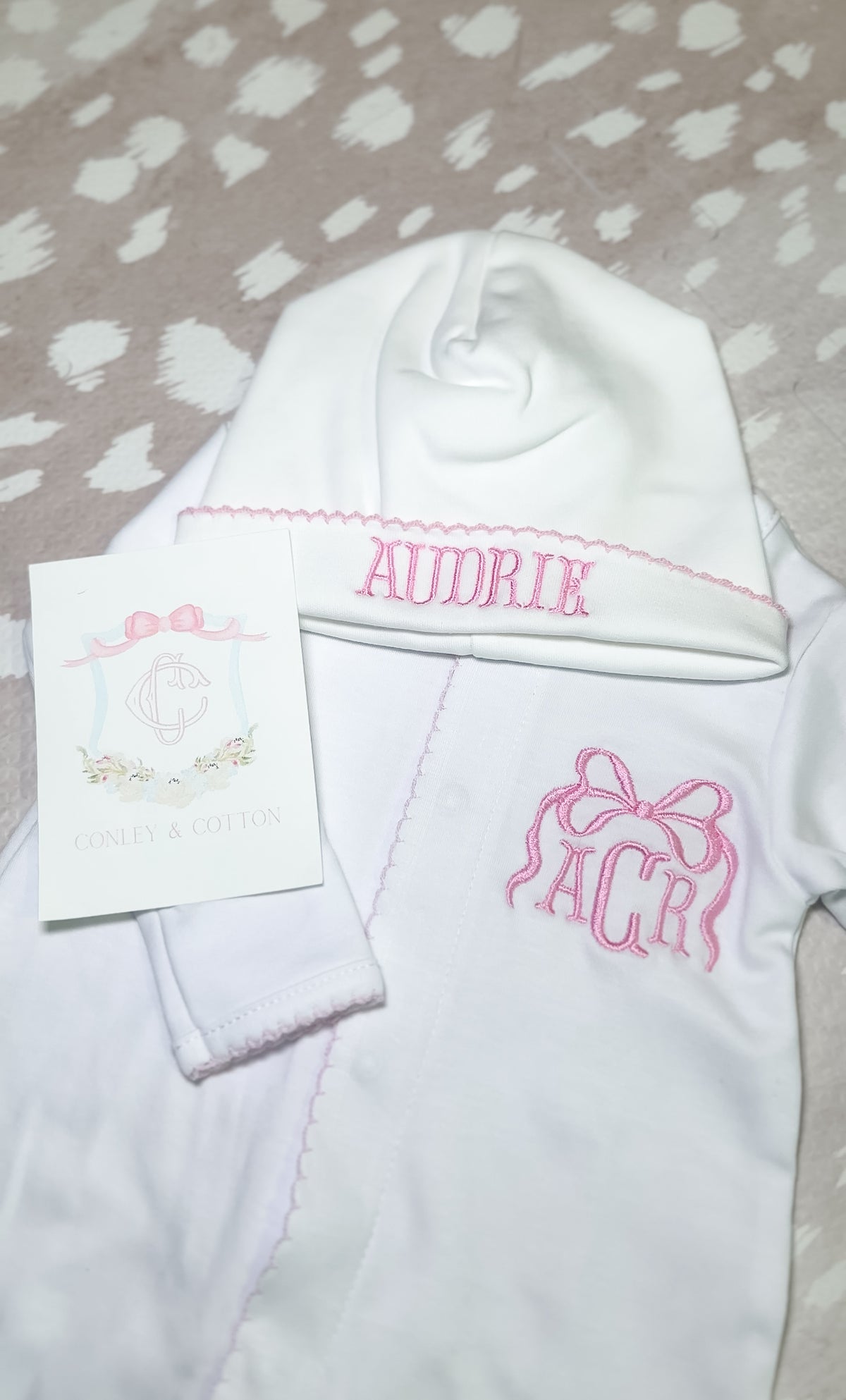 White picot trim footie for baby, ready for monogramming