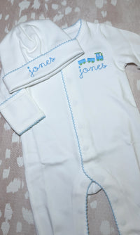White picot trim footie for baby, ready for monogramming
