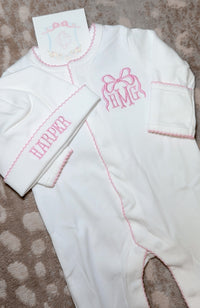 White picot trim baby hat, available in pink and blue trim