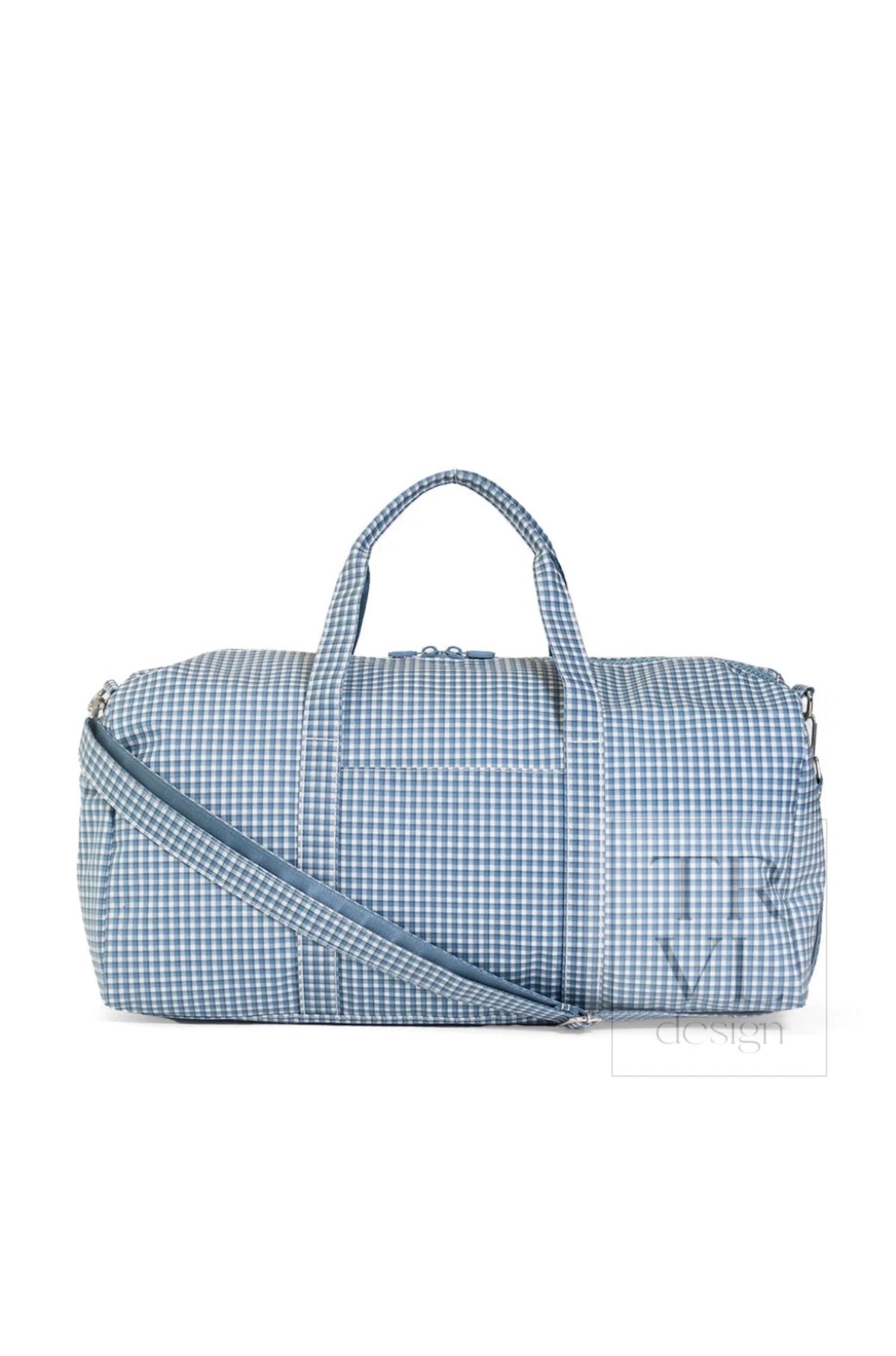 Indigo blue rodeo check XL weekender duffel bag with top handles and adjustable shoulder strap, front view