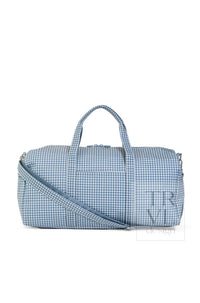 Indigo blue rodeo check XL weekender duffel bag with top handles and adjustable shoulder strap, front view